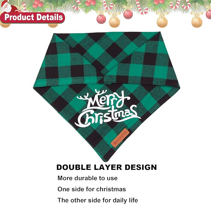 ADOGGYGO Christmas Dog Bandanas, Classic Red Green Plaid Xmas Scarf Triangle Bib, Multiple Sizes Offered, Merry Bandanas for Extra Large Dogs (X-Large)