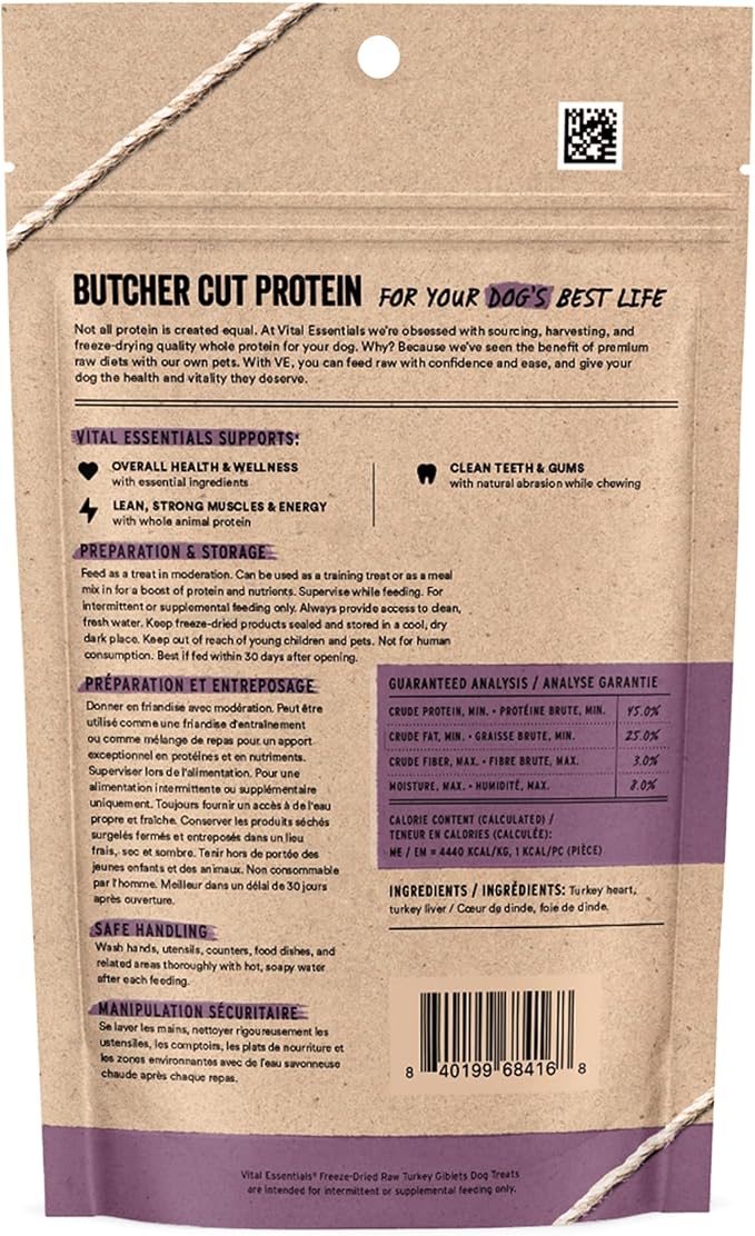 Vital Essentials Single Ingredient Turkey Giblets Dog Treats, 2 oz | Freeze-Dried Raw | Premium Quality High Protein Training Treats | Grain Free, Gluten Free, Filler Free