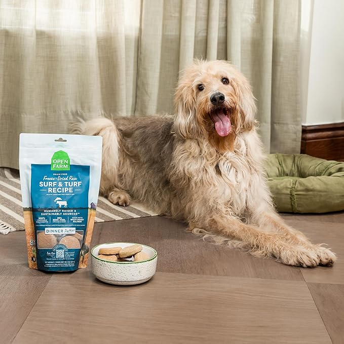 Open Farm, Freeze Dried Raw Dog Food, Patties with 95% Meat, Organs & Bone, Complete Meal or Freeze Dried Dog Food Mixer, Surf & Turf Recipe, 17.5oz Bag