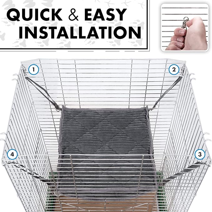 Ferret Hammock for Cage - Plush Double Bunk Bed Hanging Clips - Perfect for 2 or More Small Pets! (Rats, Ferrets, Hamsters, Guinea Pigs, Chinchillas & Squirrels) - Black