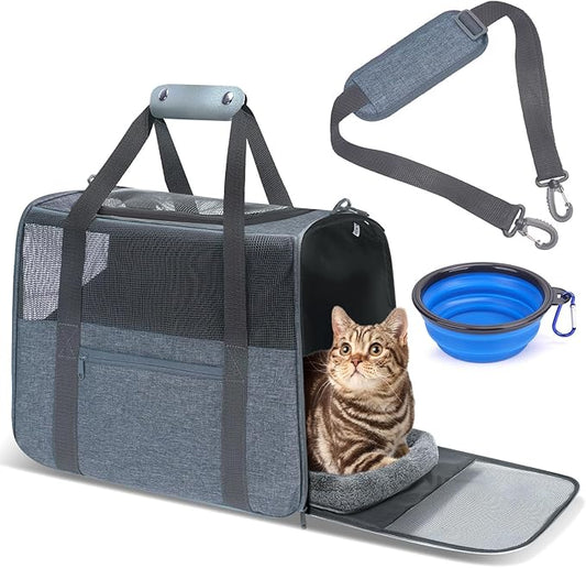 JUNGYOUN Premium Cat Carrier - Pet Carrier for Cat & Small Dogs up to 15lbs - Airline Approved Travel Dog Carrier with Anti-Escape Zippers, Collapsible Travel Bowl & Padded Strap