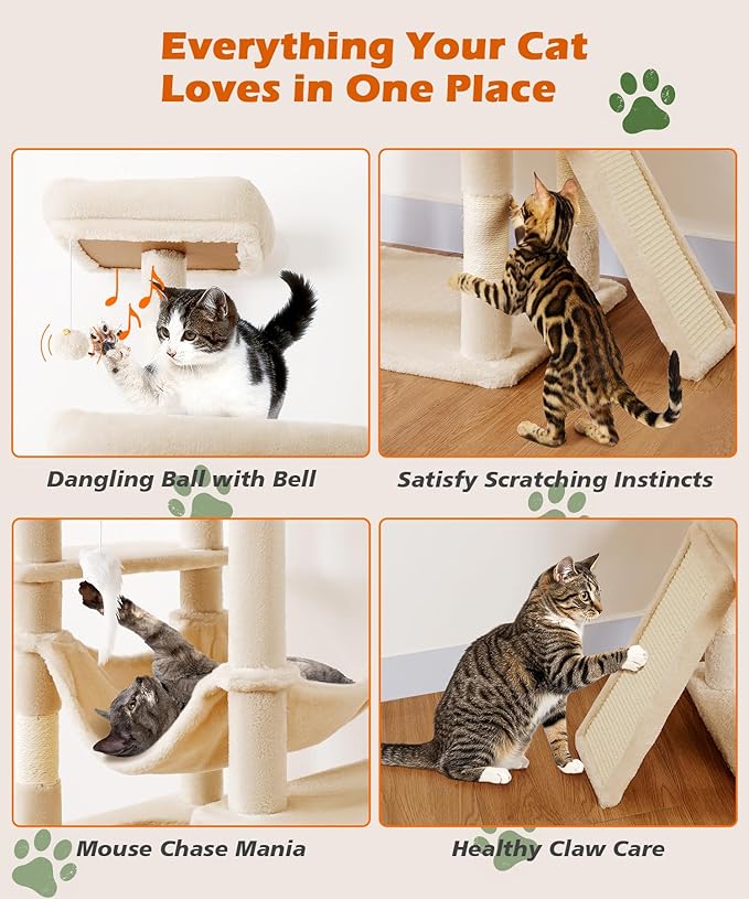 AMHANCIBLE Heavy Duty Cat Tree for Indoor Cats Large Adult 20 lbs+, 83 Inch Multi-Level Tall Cat Tower with Scratching Post and Board, Hammock, Condos, Hanging Basket, Beige, PT21BG