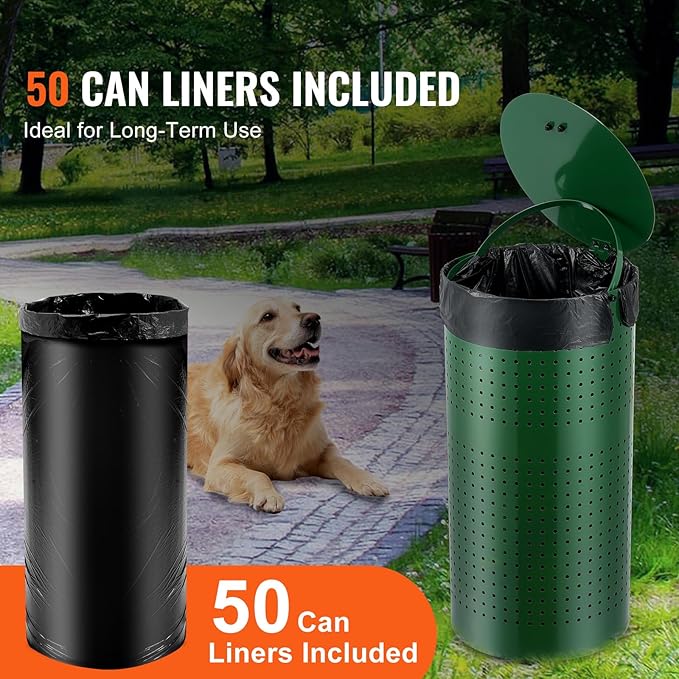 VEVOR Dog Poop Trash Can With 50 Liner Bags, 11.5 Gallons Outdoor Waste Bin With Lid & Liner Clip for Pet Waste Station, Disposal Container for Garden Backyard Park