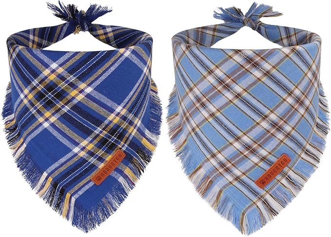 ADOGGYGO Dog Bandanas Boy with Tassels Edges, Stylish Blue Plaid Pet Scarf, Soft Cotton Fabric, Adjustable Reversible Plaid Bandanas for Small Dogs (Small)