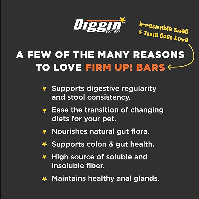 Diggin' Your Dog Firm Up Bars for Dogs & Cats, 100% Made in USA, Pumpkin Powder Bars for Dogs, Digestive Support, Apple Pectin, Fiber, Healthy Stool, 6 Count