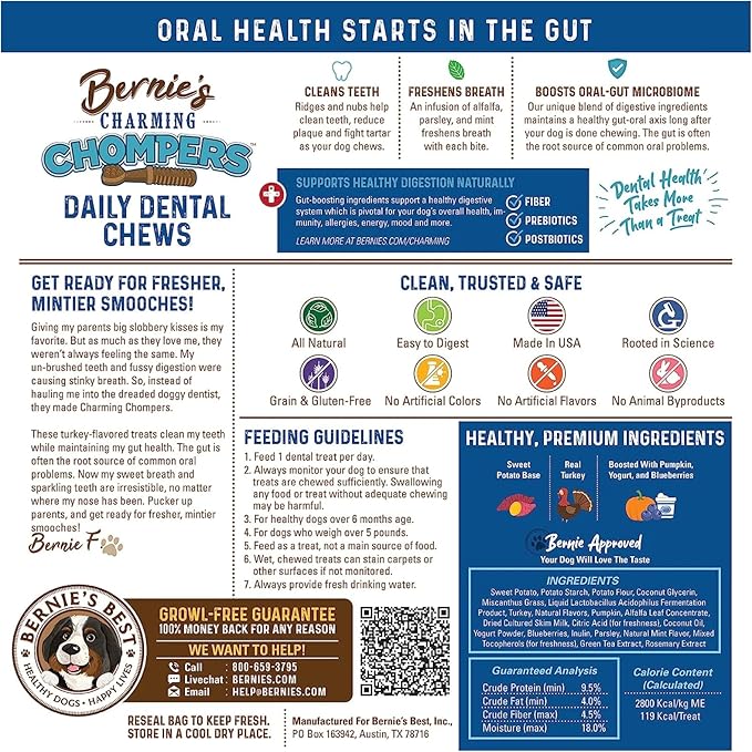 Bernie's Charming Chompers - Daily Dental Chews for Dogs 26-50 Lbs. - 18 Count - Cleans Teeth, Freshens Breath, + Boosts Oral-Gut Microbiome. Easy to Digest, Supports Healthy Digestion Naturally