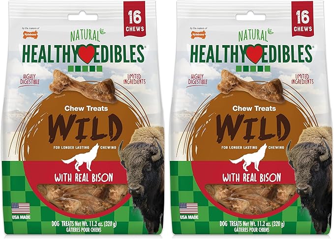 Nylabone Healthy Edibles Wild Natural Long-Lasting Bison Flavor Bone Chew Treats for Dogs, Small (16 Count) (Pack of 2)