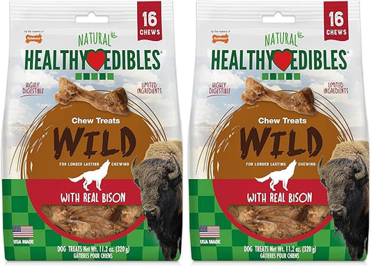 Nylabone Healthy Edibles Wild Natural Long-Lasting Bison Flavor Bone Chew Treats for Dogs, Small (16 Count) (Pack of 2)
