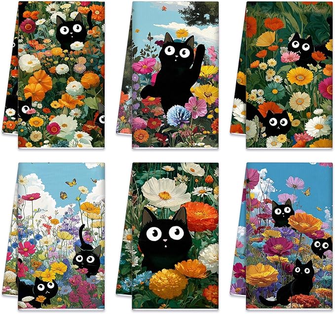 Redbaker 6 Pcs Black Cat Kitchen Towels Retro Wildflower Floral Dish Towel Cute Kitty Absorbent Kitchen Hand Tea Dishcloth with Hanging Loop for Cat Lover Bathroom Home Housewarming Gift