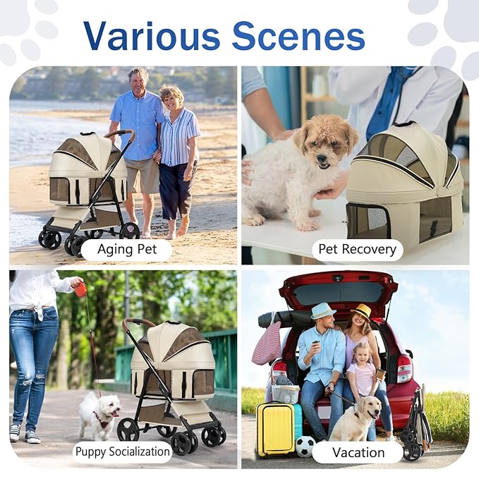 4 Wheels Pet Stroller for Small/Medium Dogs and Cats with Detachable Carrier and Storage Basket,One Click Folding, Compact Portable,3 in1 Multifunctional (Grey)