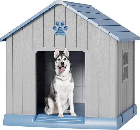 Dog House Outdoor Indoor - Waterproof, Ventilated, Easy to Clean, Elevated Floor for Small-Large Dogs, Easy to Assemble (Blue, 37.2" L x 40" W x 40" H)