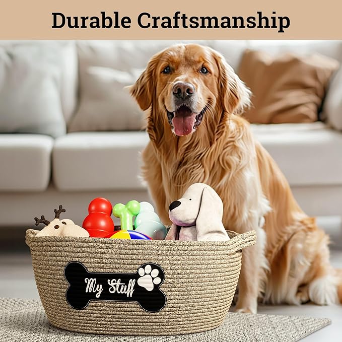 Dog Toy Basket - 100% Cotton Rope Woven Dog Toy Box for Living Room Area - Chew Proof Toybox Suitable for All Pets - Puppies to Large - Sturdy Reinforced Handles - Cute Aesthetic Design with Paw Print