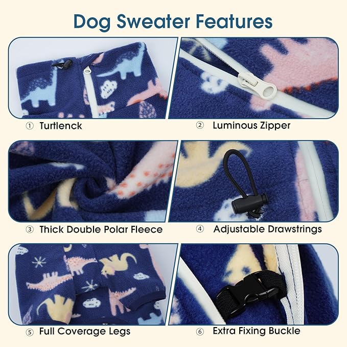 ROZKITCH Dog Pajamas Soft Fleece Pullover Pajamas, Pet Windproof Warm Cold Weather Jacket Vest with Reflective Zipper, Jumpsuit Apparel Outfit Clothes for Small Dog Dinosaur XS