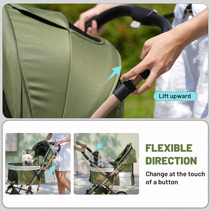 EchoSmile Small Medium Dogs Stroller 4-Wheel Pet Strollers for Medium Dogs Up to 50lbs, One Click Folding Large Cat Stroller, Reversible Handle, Shock Absorbing Wheels, Removable Washable Pad, Green