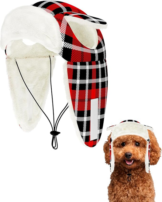 PET SHOW Dog Trapper Hat Winter Hat for Small Dogs Christmas Warm Fleece Aviator Hats with Ear Flaps Adjustable Outdoor Boy Puppy Pet Pilot Costume Cap S-Red Plaid/with Ear Holes