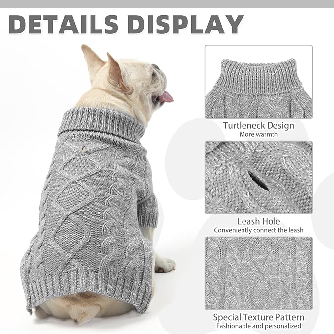 KOOLTAIL Dog Sweater for Large Medium Small Dogs, Fall Dog Sweaters, Turtleneck Cable Knitwear Pet Cold Weather Coats with Leash Hole, Warm Winter Pullover Clothes for Bulldog, Yorkie,Boy Girl,Grey L