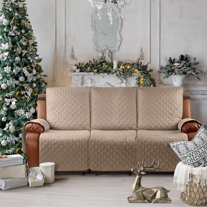 Ruaozz Waterproof Recliner Sofa Cover 1-Piece Couch Covers for Reclining Couches Reclining Sofa Cover Washable Furniture Protector with Elastic Straps Pocket for Kids, Pets (Light Brown, 3 Seater)