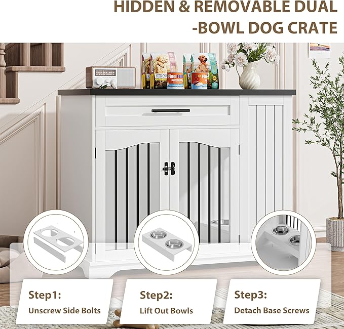 Furniture Style Dog Crate for Large Dogs, 44 Inch Heavy Duty Wooden Dog Kennel Furniture with Drawer & Side Storage and Bulit-in Feeding Station,White
