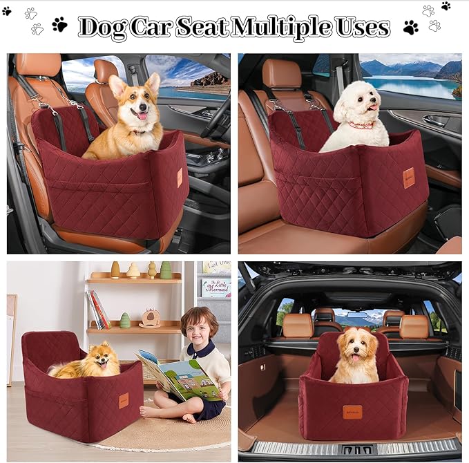 Dog Booster Car Seat for Dogs up to 35lbs, Safety Pet Car Seats with Anti-Slip Bottom, Travel Booster Dog Bed with 2 Storage Pockets (Wine Red, Medium)