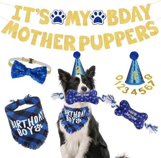 SCENEREAL Dog Birthday Party Supplies, Dog Birthday Bandana Hat Toy Bow Tie Collar Set with Birthday Numbers, Pet Birthday Scarf Accessories Outfit Decorations for Boy Girl Medium Large Dogs, L