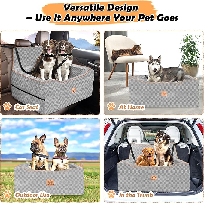 Large Dog Car Seat for Back Seat – Removable Dog Booster Seat & Washable Pet Car Seat for Medium & 2 Small Dogs up to 60lbs – Safety Straps & Storage Pocket – Travel & Home Use (Gray)