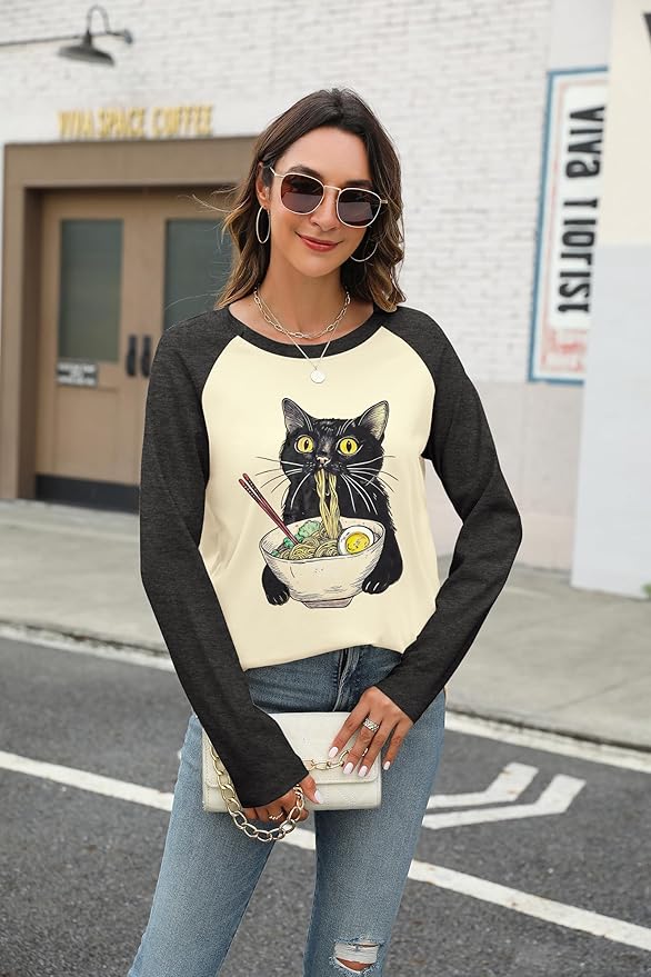 JINTING Cat Shirts for Women - Loose Fit Lightweight Long Sleeve Graphic Tee Fall Printed Crewneck Blouse Casual Tops