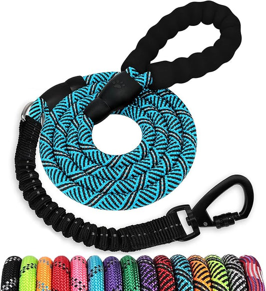 Rope Dog Leash 6 FT: Heavy Duty Leashes with Swivel Lockable Hook Reflective Threads Bungee and Padded Handle - Dog Lead for Large Small Medium Dogs Outside Walking Hiking Blue Black
