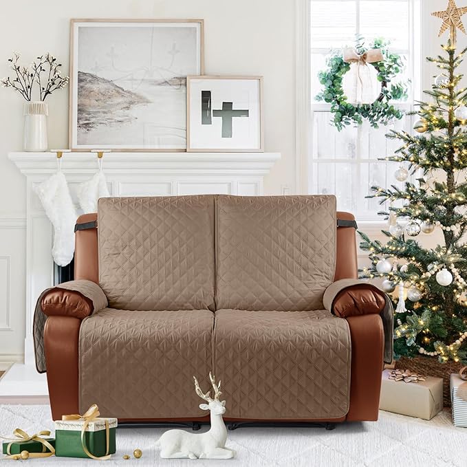 Ruaozz Waterproof Recliner Sofa Cover 1-Piece Couch Covers for Reclining Couches Reclining Sofa Cover Washable Furniture Protector with Elastic Straps Pocket for Kids, Pets (Light Brown, 2 Seater)