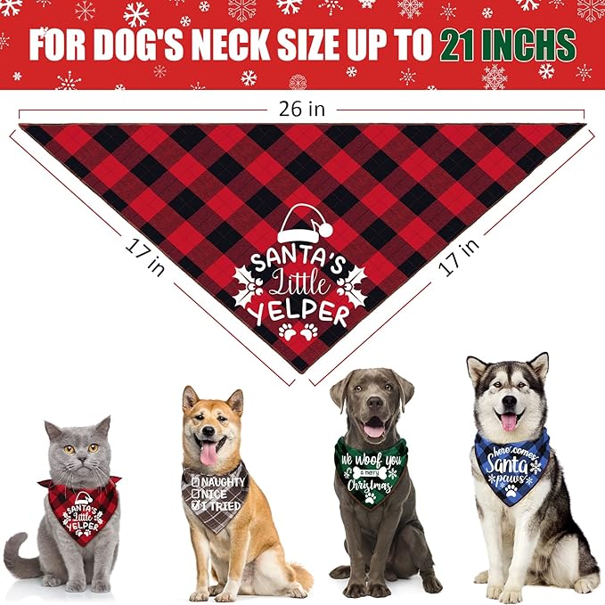 4 Pack Christmas Dog Scarves - Plaid Triangle Bandanas for Small to Large Dogs and Cats - Holiday Pet Accessories Gift Set