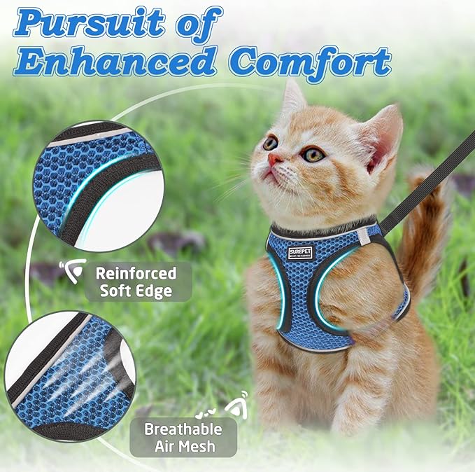 Cat Harness and Leash for Walking Escape Proof, Adjustable Kitten Vest Harness Reflective Soft Mesh Puppy Harness for Outdoor, Comfort Fit, Easy to Control (Blue, XXS)