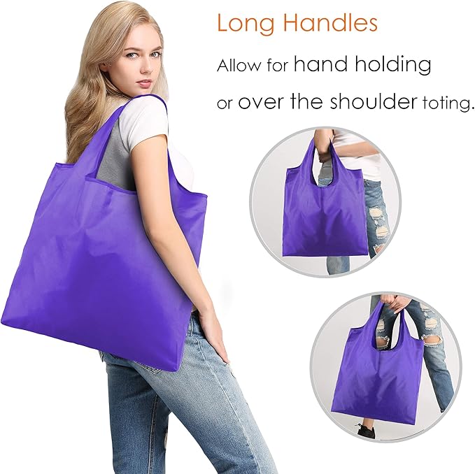 BeeGreen Purple Reusable Shopping Bags for Groceries 10 Pack Reusable Grocery Bags Washable 50LBS Folding with Zipper Carry Pouch Tote DIY Gift Bags Durable Polyester