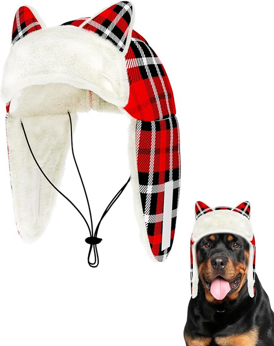 PET SHOW Dog Trapper Hat Winter Hat for Medium Large Dogs Christmas Warm Fleece Aviator Hats with Ear Flaps Adjustable Outdoor Boy Pet Pilot Costume Cap L-Red Plaid/Without Ear Holes