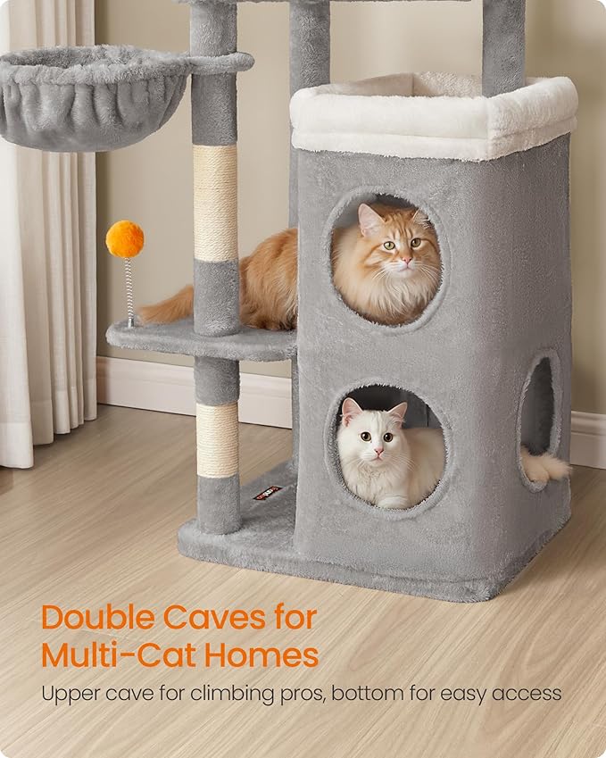 Feandrea Tall Cat Tree Tower, Multiple-Level Cat Condo with 2 Caves, 3 Scratching Posts, 3 Perches, Dove Gray UPCT007G01