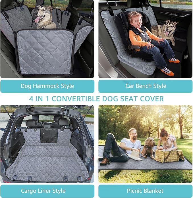 Truck Dog Seat Cover Back Seat | 100% Waterproof & Seat Belt | Pet Hammock for Car Rear Seat Protector with Mesh Window Fits Pickup Ford F-Series/Chevrolet Silverado/Ram/GMC Sierra etc(Gray)