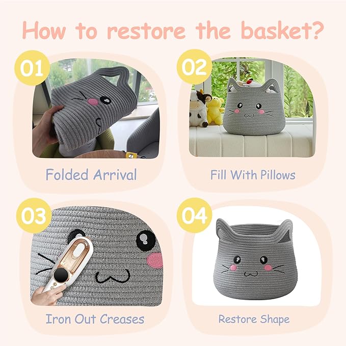 OMERAI Animal Cat Basket, Cute Cotton Rope Woven Large Blanket Basket, Toy Storage for Nursery decor and Laundry Organizer with Handles, baby hamper shower gift, 15"D x 12.6"H, Grey Open Eyes