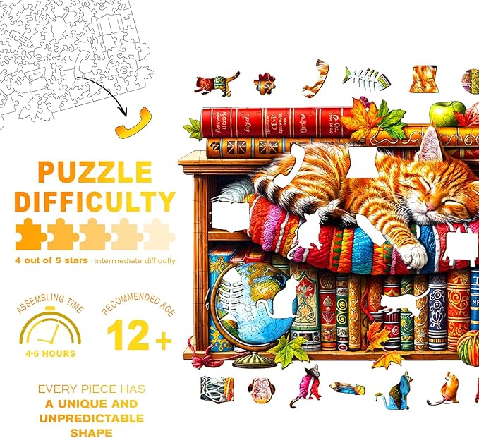 Wooden Puzzles for Adults - Dreamy Tabby Cat Wooden Jigsaw Puzzle, Unique Animal Shaped Wood Puzzles Adult, Christmas Birthday Gifts for Friends/Family, Home Decor 8.5 * 6 in 100pcs