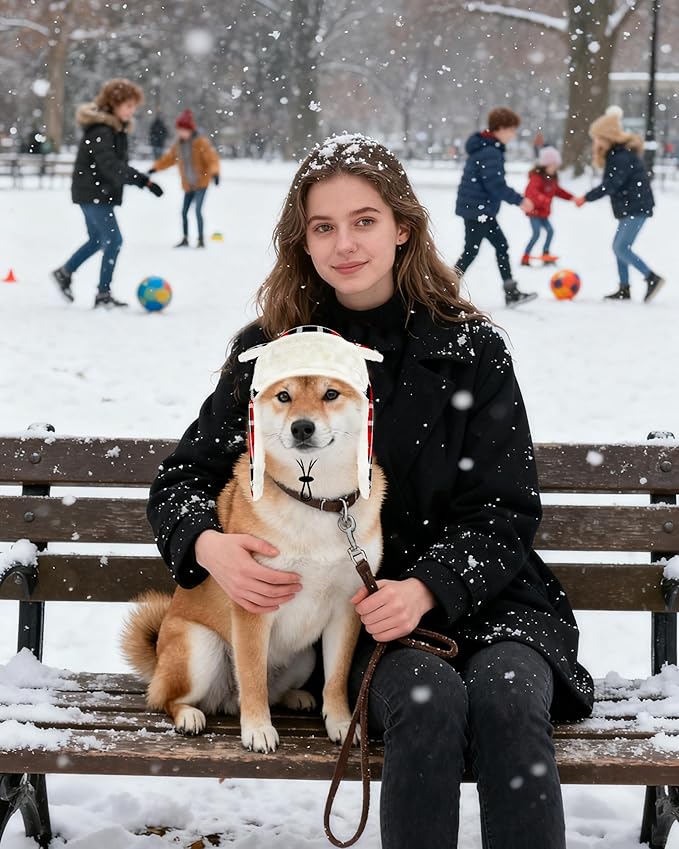 PET SHOW Dog Trapper Hat Winter Hat for Small Medium Dogs Christmas Warm Fleece Aviator Hats with Ear Flaps Adjustable Outdoor Boy Pet Pilot Costume Cap M-Red Plaid/with Ear Holes