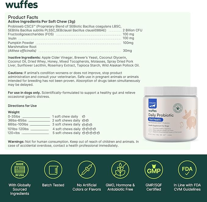 Wuffes Daily Probiotic for Dogs - Supports Digestive Health, Gut Balance, and Immune System - with Prebiotics, Marshmallow Root, and Pumpkin Powder - 60 Soft Chews