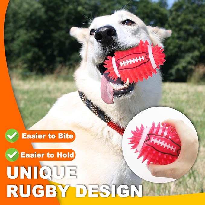 4.3” Dog Squeaky Football Toys 4 Pack, Interactive and Durable Spiky Dog Balls for Medium Large Dogs with Rugby Shape, Built-in Squeaker for Teeth Cleaning and Training