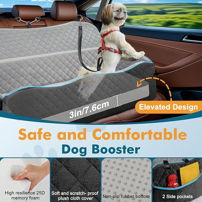 Large Dog Car Seat, Dog Car Bed for Large Dogs Under 120lbs, Pet Booster Seat with Thick Cushion and 2 Safety Leashes, Detachable & Washable Pet Bed for Backseat, Black & Gray