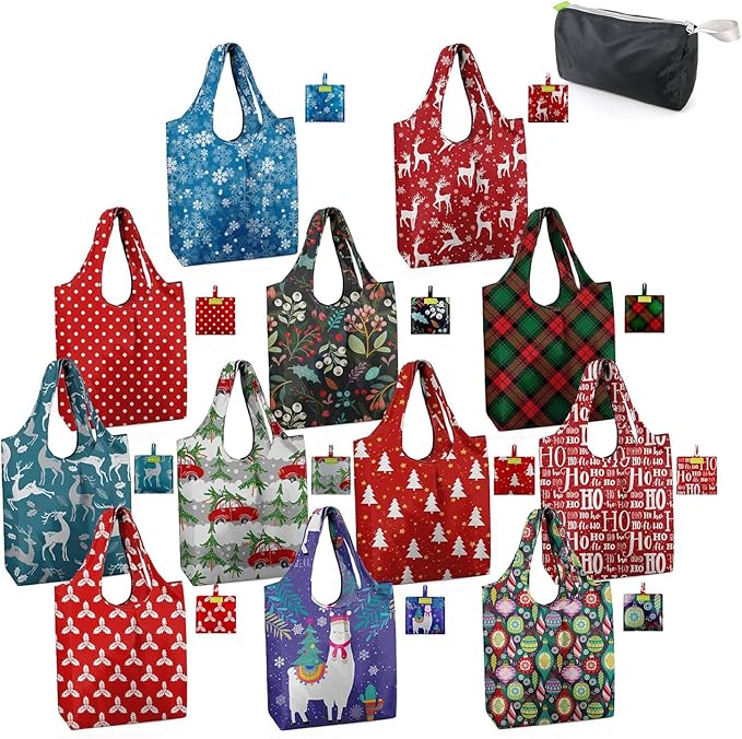 BeeGreen Christmas Red Reusable Grocery Bags 12 Pack with Storage Pouch & Elastic Band Gift Bags Shopping Tote Bags Bulk Ripstop 50LBS Extra Large Foldable Machine Washable