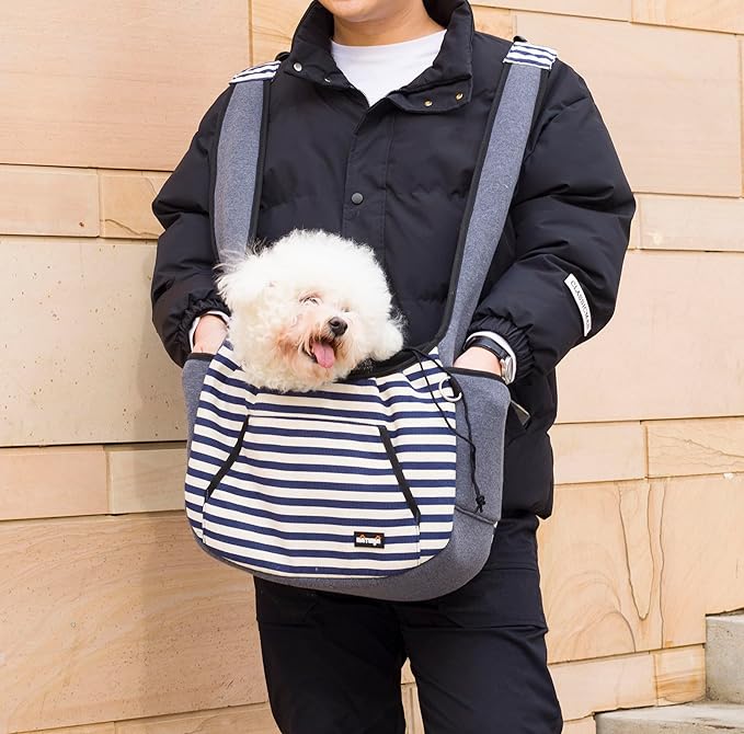 NATUYA Dog Sling Carrier Puppy Carrier, Adjustable Pet Front Sling Carrier Travel Bag with Bottom Pad, Pet Carrier for Small Dog Cat Puppy Traveling Hiking Camping (Bule Strip, 8-15 lb)