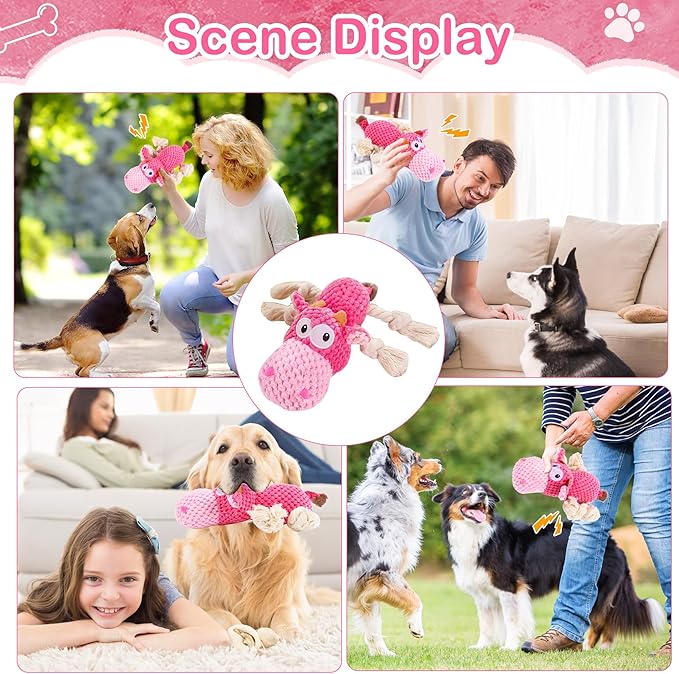 Dog Squeak Toys, Chew Rope for Small & Medium Breeds, Puppy Teething Interactive Plush Toy to Keep Them Busy, Best Birthday, Christmas, Halloween, Easter Gift, Hippo