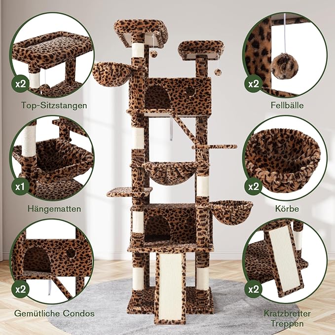 MUTICOR 81 inches Multi-Level Tall Cat Tree Tower for Indoor Kitties/Large Climbing Tree House for Big Feline/Condo/Sisal Scratching Posts/Plush Perches Platforms/Basket Hammock/Leopard Print