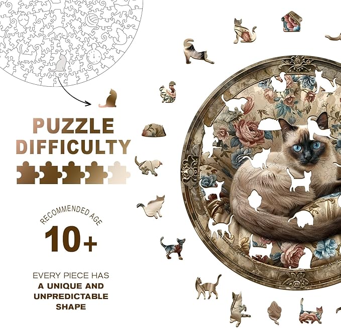 Wooden Puzzles for Adults - Vintage Siamese Cat Wooden Jigsaw Puzzle, Unique Animal Shaped Wood Puzzles Adult, Christmas Birthday Gifts for Friends/Family, Home Decor 13.4 * 13.4in 300pcs