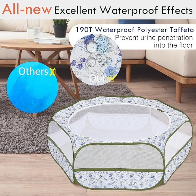 Pawaboo Small Animals Playpen, Waterproof Small Pet Cage Tent with Zippered Cover, Portable Outdoor Yard Fence with 3 Metal Rod for Chick/Kitten/Puppy/Guinea Pig/Rabbits/Hamster, Blue + White Flower