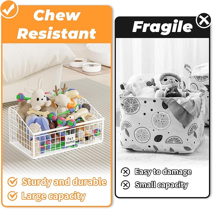 Dog Toy Bin Toy Basket Metal Storage Box with Handles Dog Organizer Chew-Proof White Dog Toy Box Blankets Leashes Chest Puppy Dog Toy Storage Container Home Decor Pet Toys Dog Cat