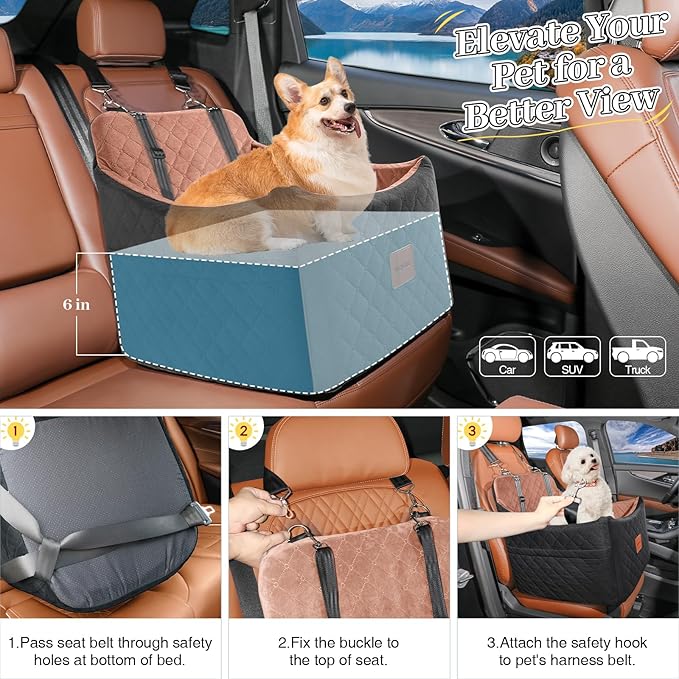 Dog Car Seat for Small/Medium Dogs, Memory Foam Dog Booster Seat, Travel Safety Pet Car Seat with Washable Removable Cover, Storage Pockets for Dogs up to 35 lbs((Black/Brown, Medium)