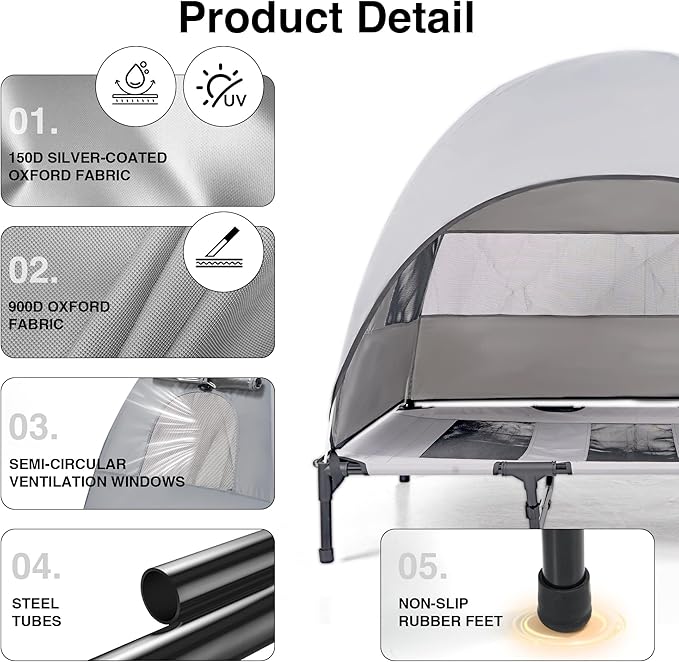 Elevated Outdoor Dog Bed with Canopy – Cooling Camping Tent, Removable Shade, Off-Ground Cot, Large