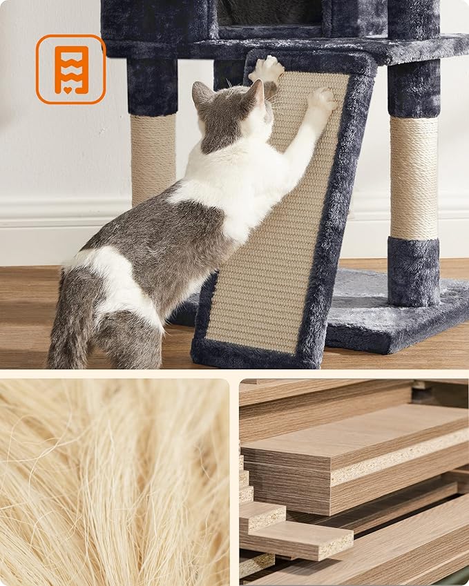 Feandrea Cat Tower, Cat Tree for Indoor Cats, 45.3-Inch Cat Condo with Scratching Post, Ramp, Perch, Spacious Cat Cave, for Kittens, Elderly Cats, Adult Cats, Small Space, Smoky Gray UPCT141G01